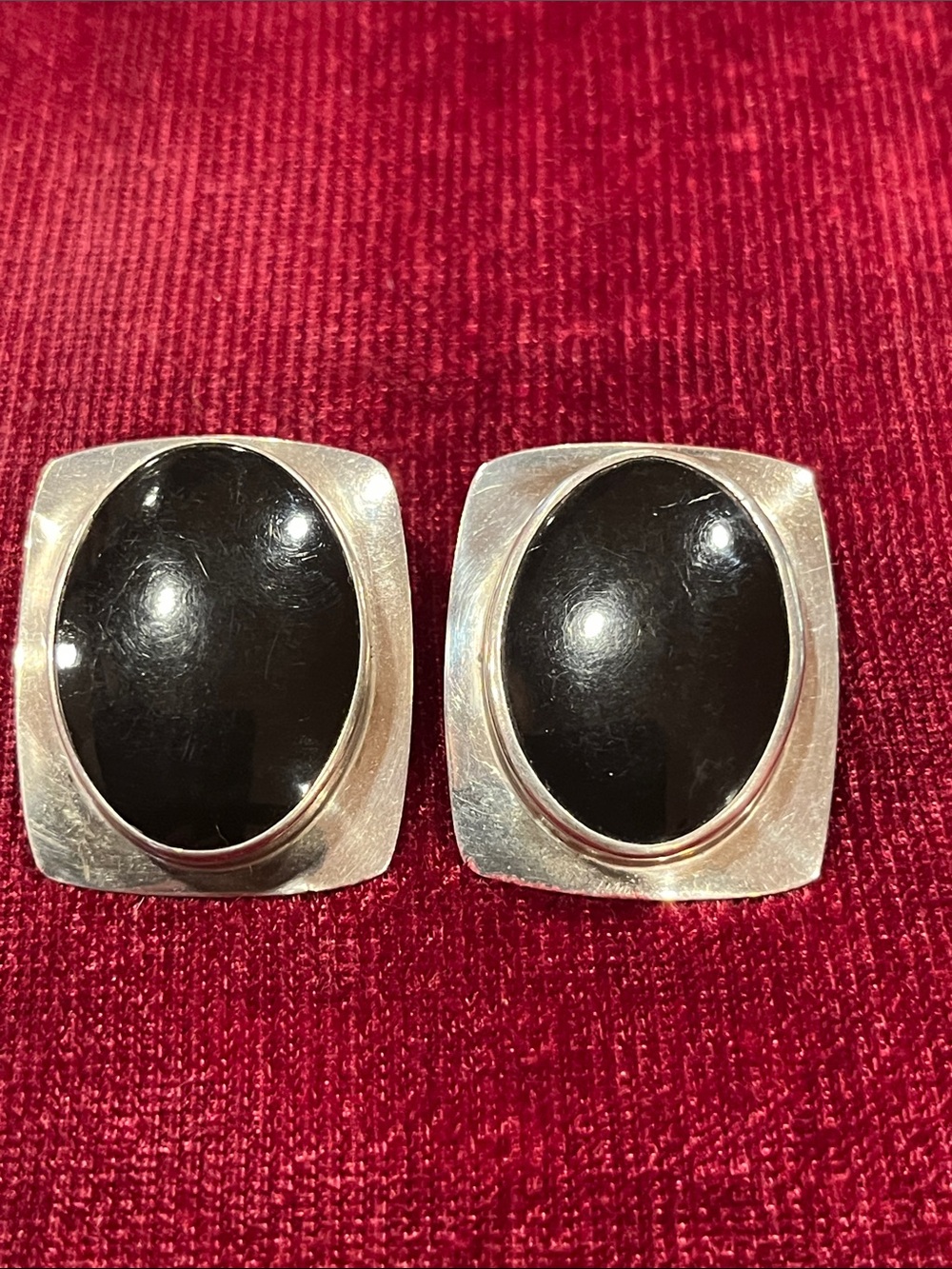 Vintage Sterling Silver Black Onyx Modernist Stud Earrings